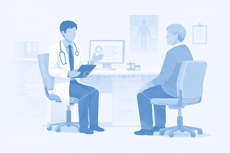 診察,通院,診察室,高齢化,医師,医療,病院,病室,問題,医療問題,社会問題,ヘルスケア,ケア,メディカル,健康,人物,キャラクター,おじいさん,おじさん,お年寄り,高齢者,シニア,イラスト,illustration,healthcare,health,hospital,medical,AI生成素材