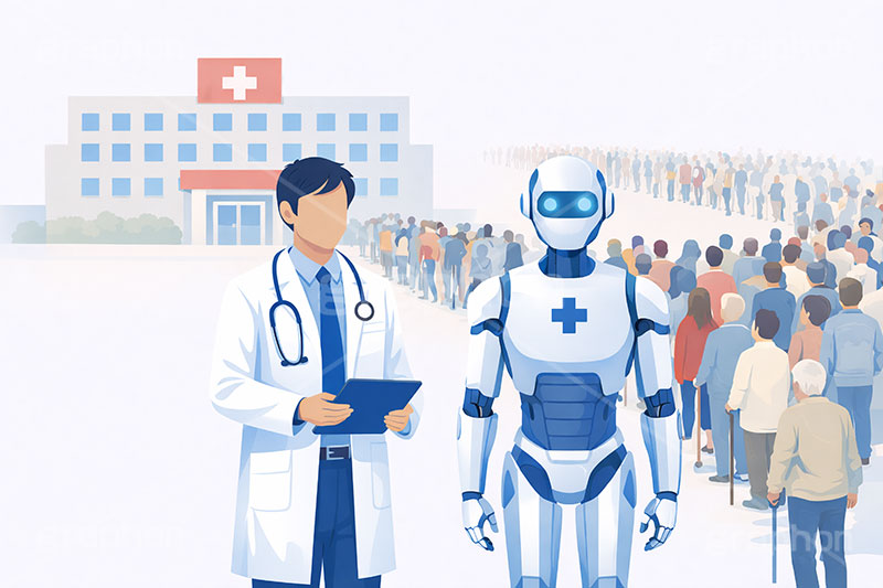 医師不足,人員不足,AI,ロボット,医療問題,社会問題,問題,高齢化,医師,医療,通院,病院,診察,病室,ヘルスケア,ケア,メディカル,健康,人物,キャラクター,おじいさん,おばあさん,おじさん,おばさん,お年寄り,高齢者,シニア,イラスト,illustration,healthcare,health,hospital,medical,AI生成素材