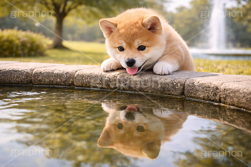 水遊び,水たまり,恐る恐る,つんつん,ツンツン,遊ぶ,興味,豆柴の子犬,公園,芝生,甘え,いぬ,イヌ,犬,子犬,ドッグ,豆柴,かわいい,カワイイ,可愛い,キュート,ペット,動物,cute,pet,dog,spring,AI生成素材
