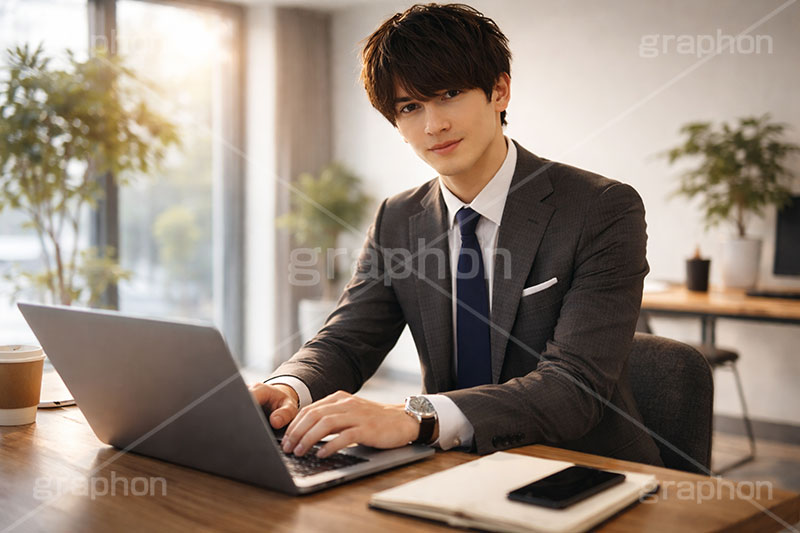 デスクワーク,パソコン作業,エモい,パソコン,タイピング,デスク,サラリーマン,リーマン,ビジネス,仕事,オフィス,スーツ,ネクタイ,背広,男性,モデル,男,青年,ワイシャツ,イメージ,職場,営業,就職,就活,転職,人物,忙しい,多忙,タスク,PC,task,business,work,office,suit,model,image,AI生成素材