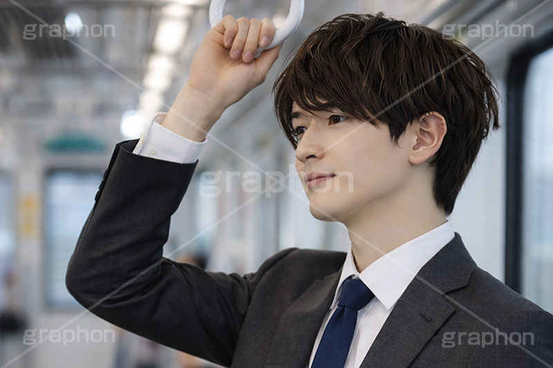 通勤,電車,車内,つり革,吊革,電車通勤,退勤,出社,サラリーマン,リーマン,ビジネス,仕事,オフィス,スーツ,ネクタイ,背広,男性,モデル,男,青年,ワイシャツ,イメージ,職場,営業,就職,就活,転職,打ち合わせ,打合せ,ミーティング,会議,取引,人物,business,work,office,suit,model,image,meeting,manner,train,AI生成素材