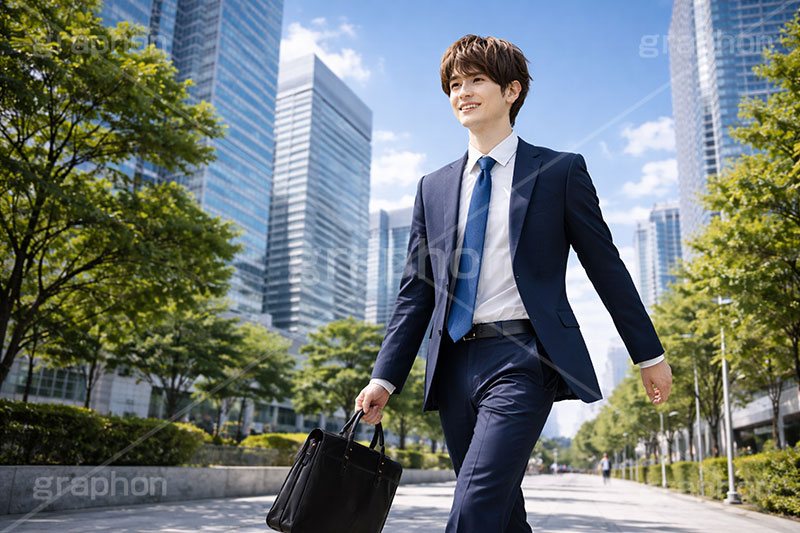 通勤,退勤,出社,サラリーマン,リーマン,ビジネス,仕事,オフィス,スーツ,ネクタイ,背広,男性,モデル,男,青年,ワイシャツ,イメージ,職場,営業,就職,就活,転職,打ち合わせ,打合せ,ミーティング,会議,取引,人物,歩く,軽快,爽やか,さわやか,前向き,business,work,office,suit,model,image,meeting,manner,AI生成素材