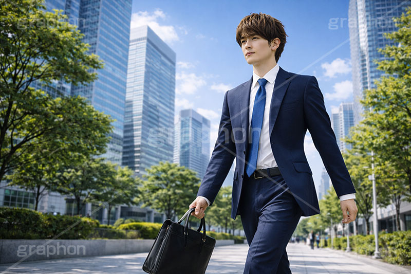 通勤,退勤,出社,サラリーマン,リーマン,ビジネス,仕事,オフィス,スーツ,ネクタイ,背広,男性,モデル,男,青年,ワイシャツ,イメージ,職場,営業,就職,就活,転職,打ち合わせ,打合せ,ミーティング,会議,取引,人物,歩く,軽快,爽やか,さわやか,前向き,business,work,office,suit,model,image,meeting,manner,AI生成素材