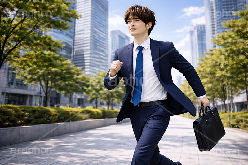 通勤,退勤,出社,サラリーマン,リーマン,ビジネス,仕事,オフィス,スーツ,ネクタイ,背広,男性,モデル,男,青年,ワイシャツ,イメージ,職場,営業,就職,就活,転職,打ち合わせ,打合せ,ミーティング,会議,取引,人物,走る,軽快,爽やか,さわやか,前向き,business,work,office,suit,model,image,meeting,manner,run,AI生成素材