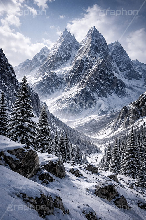 雪山,豪雪,険しい,山,雪崩,雪,ゆき,積,冬,壮大,ファンタジー,背景,BG,fantasy,snow,winter,mountain,AI生成素材