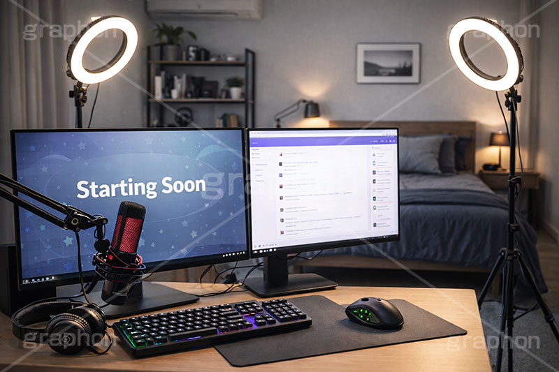 配信部屋,部屋,配信機材,ライブ配信,配信,ライバー,インフルエンサー,VTuber,配信,ライブ,ゲーム実況,コメント欄,コメント,チャット,モニタ,カメラ,キーボード,パソコン,マイク,ヘッドホン,ヘッドフォン,機材,照明,放送,映像,動画,実況,配信素材,SNS,PC,monitor,mic,live,streamer,AI生成素材