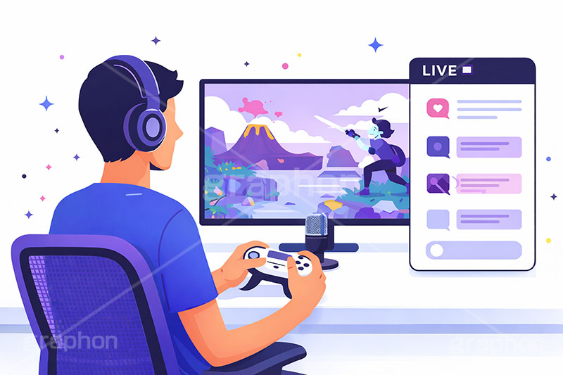 ゲーム実況,ゲーム,コントローラー,ライブ配信,配信,ライバー,インフルエンサー,VTuber,配信,ライブ,コメント欄,コメント,チャット,モニタ,パソコン,マイク,ヘッドホン,ヘッドフォン,機材,放送,映像,動画,実況,配信素材,人物,男性,イラスト,illustration,SNS,PC,monitor,mic,live,streamer,AI生成素材