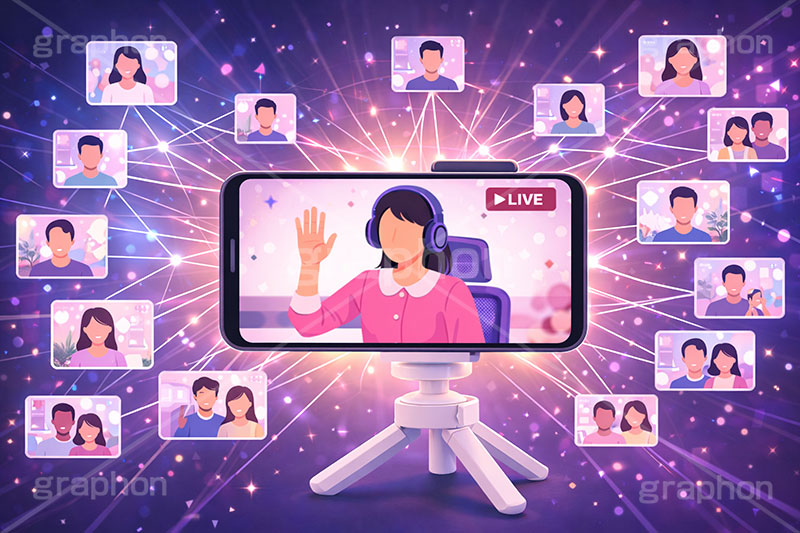 ライブ配信,配信,スマホ,スマートフォン,ライバー,インフルエンサー,VTuber,配信,ライブ,ゲーム実況,コメント欄,コメント,チャット,カメラ,パソコン,ヘッドホン,ヘッドフォン,三脚,機材,放送,映像,動画,実況,配信素材,人物,女性,イラスト,illustration,SNS,PC,monitor,mic,live,streamer,AI生成素材