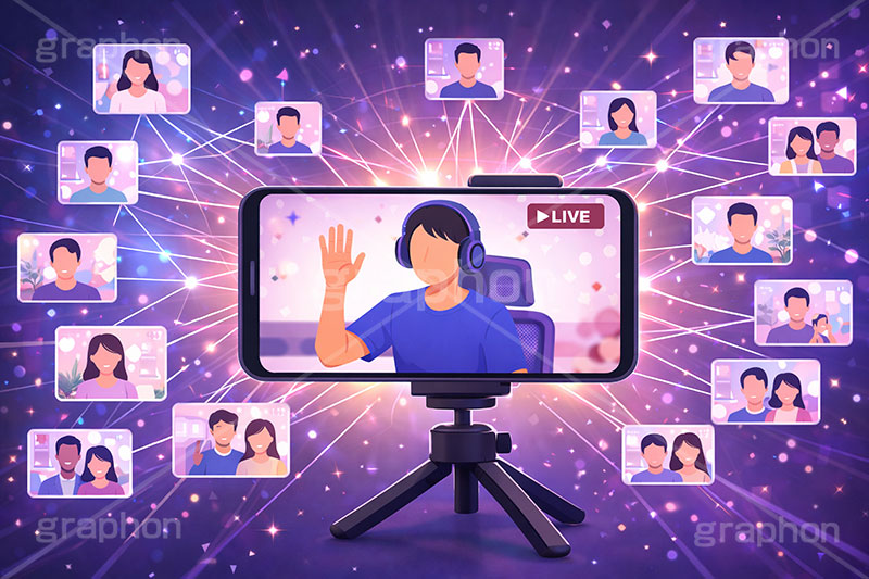 ライブ配信,配信,スマホ,スマートフォン,ライバー,インフルエンサー,VTuber,配信,ライブ,ゲーム実況,コメント欄,コメント,チャット,カメラ,パソコン,ヘッドホン,ヘッドフォン,三脚,機材,放送,映像,動画,実況,配信素材,人物,男性,イラスト,illustration,SNS,PC,monitor,mic,live,streamer,AI生成素材