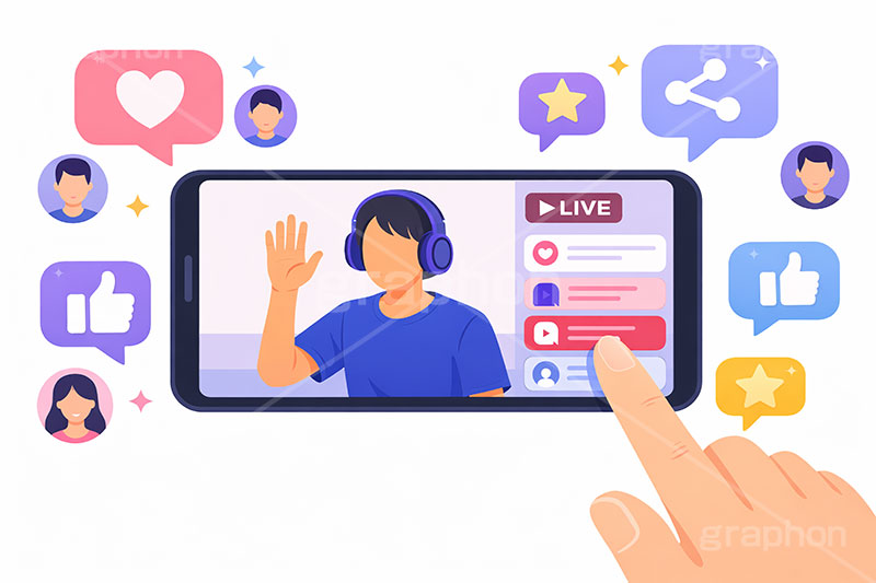 ライブ配信,いいね,共有,シェア,お気に入り,グッド,吹き出し,フキダシ,配信,スマホ,スマートフォン,ライバー,インフルエンサー,VTuber,配信,ライブ,ゲーム実況,コメント欄,コメント,チャット,カメラ,パソコン,ヘッドホン,ヘッドフォン,放送,映像,動画,実況,配信素材,人物,男性,イラスト,illustration,SNS,PC,monitor,mic,live,streamer,good,share,AI生成素材