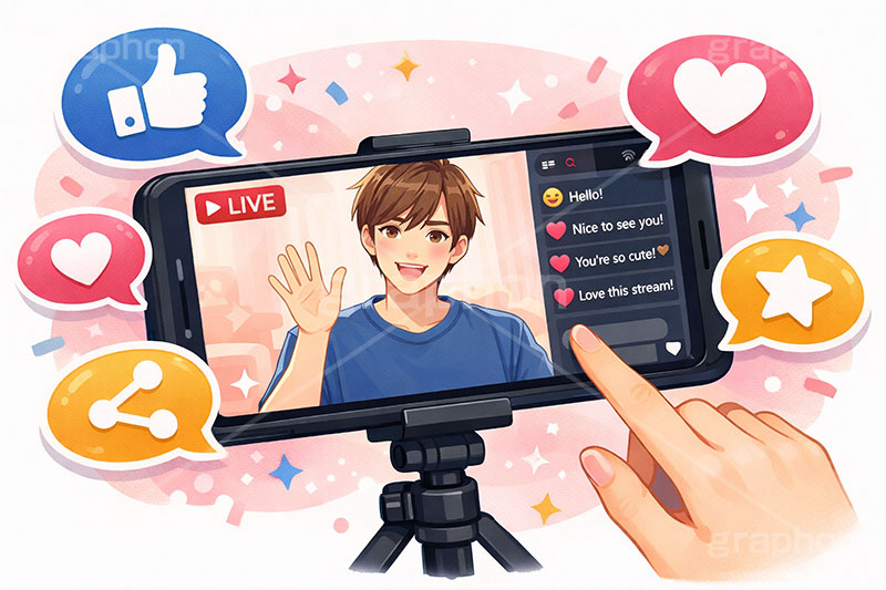 ライブ配信,いいね,共有,シェア,お気に入り,グッド,吹き出し,フキダシ,配信,スマホ,スマートフォン,ライバー,インフルエンサー,VTuber,配信,ライブ,ゲーム実況,コメント欄,コメント,チャット,カメラ,パソコン,三脚,機材,放送,映像,動画,実況,配信素材,人物,男性,イラスト,illustration,SNS,PC,monitor,mic,live,streamer,good,share,AI生成素材