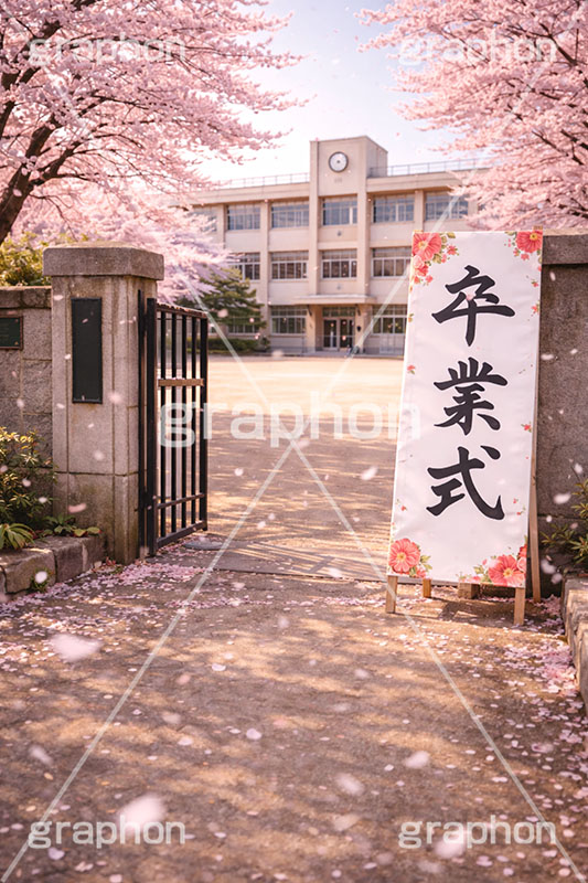 卒業式,卒業,校門,看板,別れ,学校,校庭,グラウンド,桜,さくら,サクラ,花見,ブロッサム,春,花,花びら,花弁,背景,blossom,spring,flower,AI生成素材