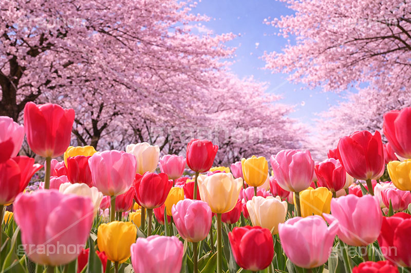 桜とチューリップ,チューリップ,花畑,満開,桜,さくら,サクラ,花見,ブロッサム,春,花,花びら,花弁,背景,blossom,spring,flower,AI生成素材