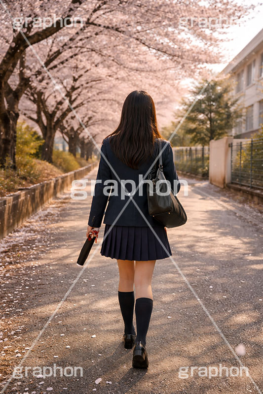 卒業式,卒業,別れ,帰り,後ろ姿,後ろ,女性,女子,人物,女子高生,高校生,女子高校生,卒業証書,桜,さくら,サクラ,花見,ブロッサム,春,花,花びら,花弁,背景,blossom,spring,flower,AI生成素材