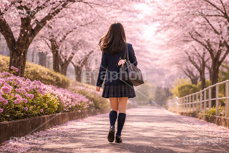 卒業式,卒業,別れ,帰り,後ろ姿,後ろ,女性,女子,人物,女子高生,高校生,女子高校生,卒業証書,桜,さくら,サクラ,花見,ブロッサム,春,花,花びら,花弁,背景,blossom,spring,flower,AI生成素材