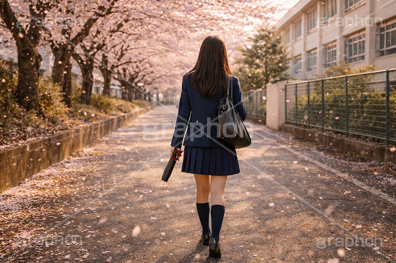 卒業式,卒業,別れ,帰り,後ろ姿,後ろ,女性,女子,人物,女子高生,高校生,女子高校生,卒業証書,桜,さくら,サクラ,花見,ブロッサム,春,花,花びら,花弁,背景,blossom,spring,flower,AI生成素材