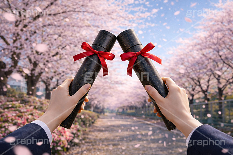 卒業式,卒業,別れ,友達,親友,帰り,後ろ姿,後ろ,女性,女子,人物,手,女子高生,高校生,女子高校生,卒業証書,桜,さくら,サクラ,花見,花吹雪,ブロッサム,春,花,花びら,花弁,背景,blossom,spring,flower,hand,friend,AI生成素材