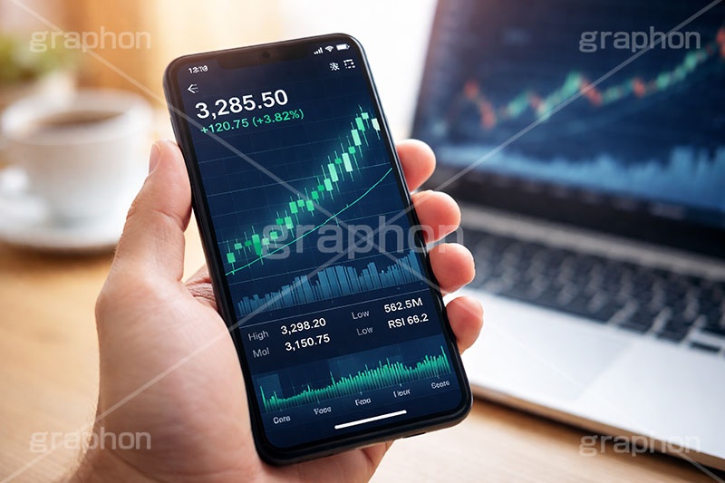 チャート上昇,チャート,スマホ,スマートフォン,携帯電話,パソコン,ノートパソコン,株,株価,株価指数,上昇,急騰,下落,暴落,家計,積立,積み立て,投資,企業,決算,円安,仮想通貨,不動産,金利,グラフ,トレード,ローソク足,資産,金,お金,マネー,損失,NISA,経済,ニュース,記事,news,GDP,PC,chart,graph,money,trade,AI生成素材