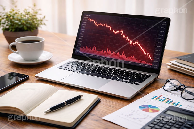 チャート暴落,チャート,パソコン,ノートパソコン,スマホ,スマートフォン,携帯電話,デスク,メガネ,めがね,眼鏡,ノート,資料,電卓,株,株価,株価指数,上昇,急騰,下落,暴落,家計,積立,積み立て,投資,企業,決算,円安,仮想通貨,不動産,金利,グラフ,トレード,ローソク足,資産,金,お金,マネー,損失,NISA,経済,ニュース,記事,news,GDP,PC,chart,graph,money,trade,AI生成素材