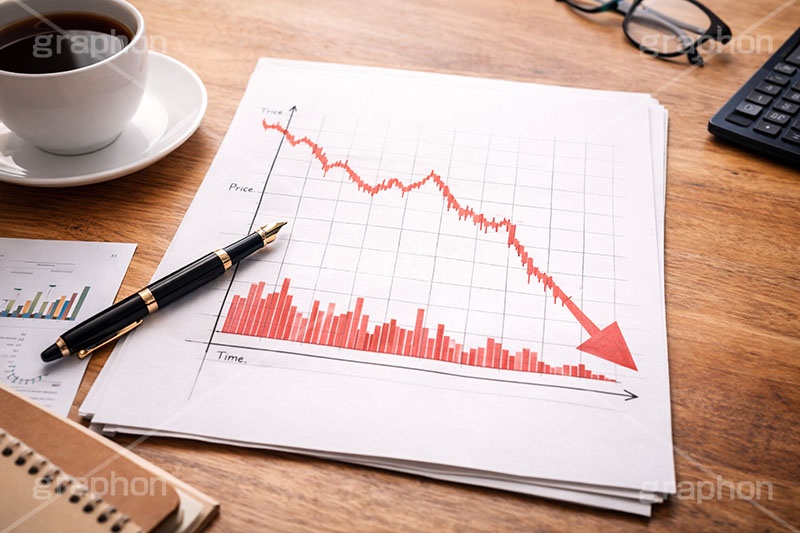 グラフ暴落,チャート,デスク,資料,コーヒー,コーヒーカップ,電卓,メガネ,めがね,眼鏡,戦略,株,株価,株価指数,上昇,急騰,下落,暴落,家計,積立,積み立て,投資,企業,決算,円安,仮想通貨,不動産,金利,グラフ,トレード,ローソク足,資産,金,お金,マネー,損失,NISA,経済,ニュース,記事,news,GDP,chart,graph,money,trade,AI生成素材