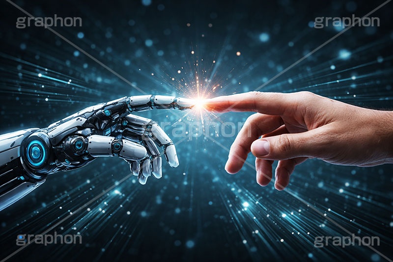 AI,ロボット,指,手,発光,発光ノード,半導体,部品,基盤,電子,電流,データ,産業,ネオン,デジタル,ビックデータ,未来,近未来,粒子,開発,解析,マトリックス,ロボット,ニュース,記事,news,hand,finger,robot,GPU,digital,matrix,AI生成素材