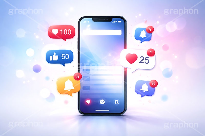 SNS,スマホ,スマートフォン,通知,デジタル,コミュニケーション,いいね,グッド,バッド,お気に入り,コメント,吹き出し,フキダシ,共有,ポップアップ,UI,炎上,トレンド,フォロワー,フォロー,依存,依存症,誹謗中傷,誹謗,中傷,プラットフォーム,メディア,アイコン,ニュース,記事,news,icon,digital,phone,bell,good,bad,communication,media,AI生成素材