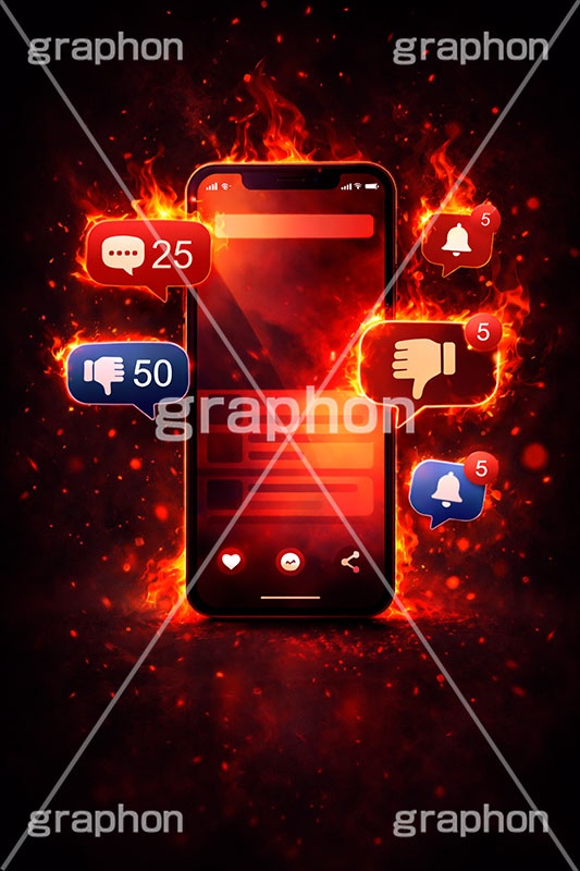 炎上,トレンド,フォロワー,フォロー,依存,依存症,誹謗中傷,誹謗,中傷,SNS,スマホ,スマートフォン,通知,デジタル,コミュニケーション,いいね,グッド,バッド,お気に入り,コメント,吹き出し,フキダシ,共有,ポップアップ,UI,プラットフォーム,メディア,アイコン,ニュース,記事,news,icon,digital,phone,bell,good,bad,communication,media,AI生成素材