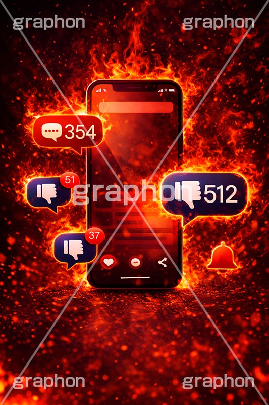 炎上,トレンド,フォロワー,フォロー,依存,依存症,誹謗中傷,誹謗,中傷,SNS,スマホ,スマートフォン,通知,デジタル,コミュニケーション,いいね,グッド,バッド,お気に入り,コメント,吹き出し,フキダシ,共有,ポップアップ,UI,プラットフォーム,メディア,アイコン,ニュース,記事,news,icon,digital,phone,bell,good,bad,communication,media,AI生成素材