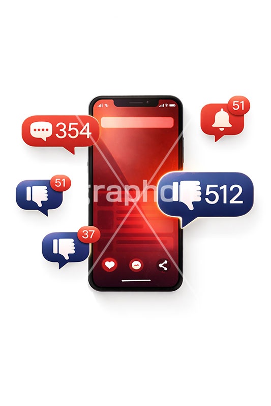 炎上,トレンド,フォロワー,フォロー,依存,依存症,誹謗中傷,誹謗,中傷,SNS,スマホ,スマートフォン,通知,デジタル,コミュニケーション,いいね,グッド,バッド,お気に入り,コメント,吹き出し,フキダシ,共有,ポップアップ,UI,プラットフォーム,メディア,アイコン,ニュース,記事,news,icon,digital,phone,bell,good,bad,communication,media,AI生成素材