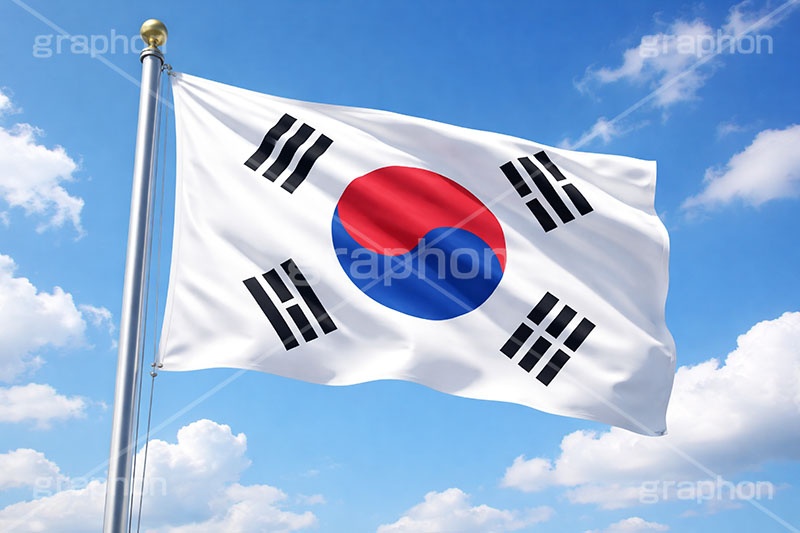 韓国の国旗,韓国,コリア,コリアン,韓流,国旗,旗,国際,国,象徴,なびく,シンボル,マーク,青空,宣言,政治,首相,首脳,大統領,経済,選挙,president,flag,country,korea,AI生成素材