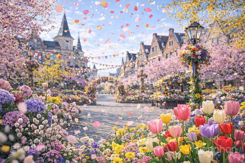 スプリングカーニバル,春,カーニバル,祭り,お祝い,祝い,スプリング,花,フラワー,花,花壇,町,広場,ヨーロッパ,spring,flower,carnival,europe,AI生成素材