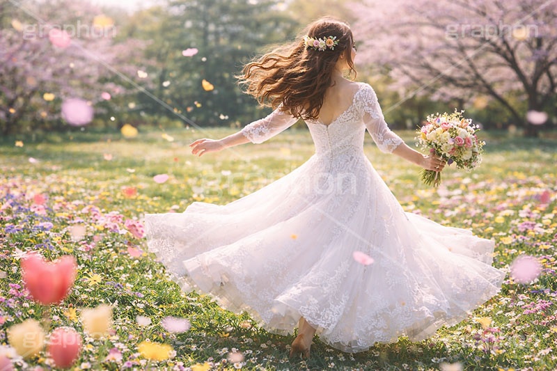 春のウェディング,ウェディング,ウェディングドレス,ドレス,ブーケ,花嫁,春の花畑,春,花畑,草原,公園,スプリング,花,花吹雪,花弁,花びら,桜,さくら,フラワー,花,人物,女性,女,wedding,bouquet,spring,flower,AI生成素材