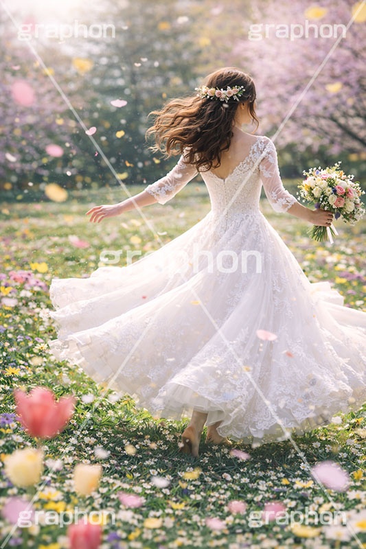 春のウェディング,ウェディング,ウェディングドレス,ドレス,ブーケ,花嫁,春の花畑,春,花畑,草原,公園,スプリング,花,花吹雪,花弁,花びら,桜,さくら,フラワー,花,人物,女性,女,wedding,bouquet,spring,flower,AI生成素材