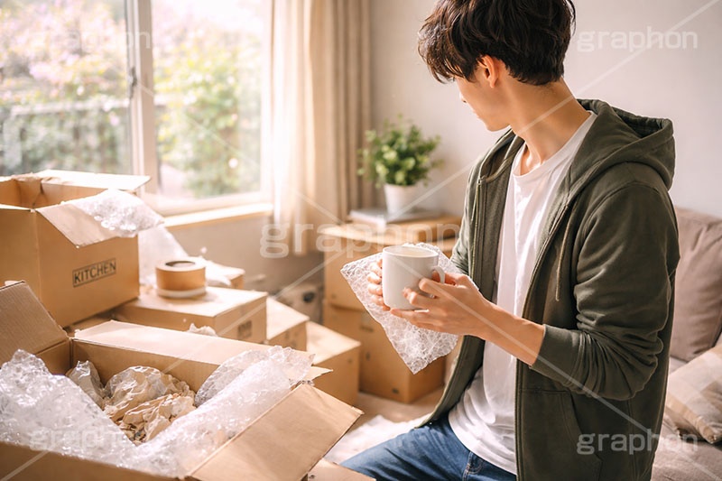 新生活,引っ越し,引越し,一人暮らし,就職,入学,卒業,荷物,荷造り,荷ほどき,荷解き,食器,マグカップ,片付け,片づけ,作業,段ボール,ダンボール,ワンルーム,アパート,人物,男性,男,AI生成素材
