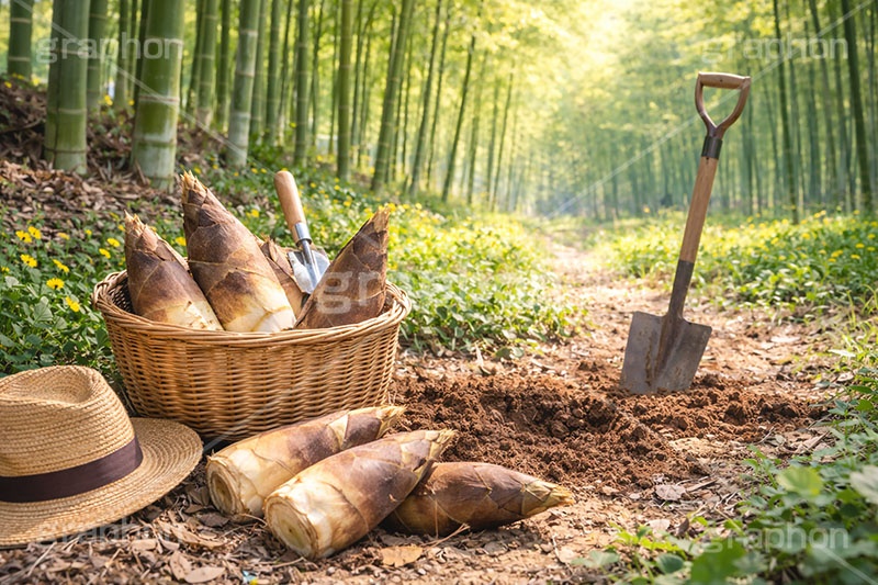 たけのこ狩り,たけのこ掘り,タケノコ狩り,たけのこ,タケノコ,竹の子,筍,かご,カゴ,籠,茎,旬,春,スプリング,竹林,竹,山,スコップ,シャベル,spring,AI生成素材