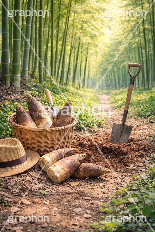 たけのこ狩り,たけのこ掘り,タケノコ狩り,たけのこ,タケノコ,竹の子,筍,かご,カゴ,籠,茎,旬,春,スプリング,竹林,竹,山,スコップ,シャベル,spring,AI生成素材