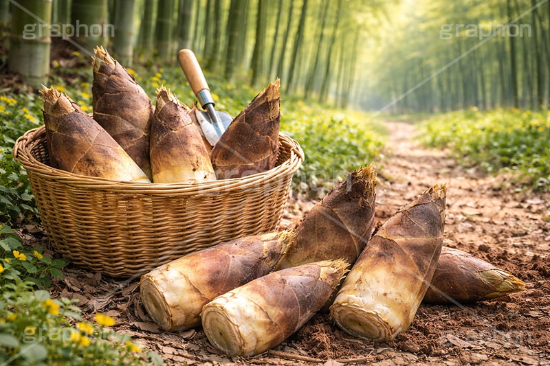 たけのこ狩り,たけのこ掘り,タケノコ狩り,たけのこ,タケノコ,竹の子,筍,かご,カゴ,籠,茎,旬,春,スプリング,竹林,竹,山,スコップ,シャベル,spring,AI生成素材