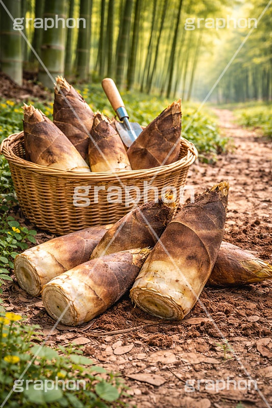 たけのこ狩り,たけのこ掘り,タケノコ狩り,たけのこ,タケノコ,竹の子,筍,かご,カゴ,籠,茎,旬,春,スプリング,竹林,竹,山,スコップ,シャベル,spring,AI生成素材