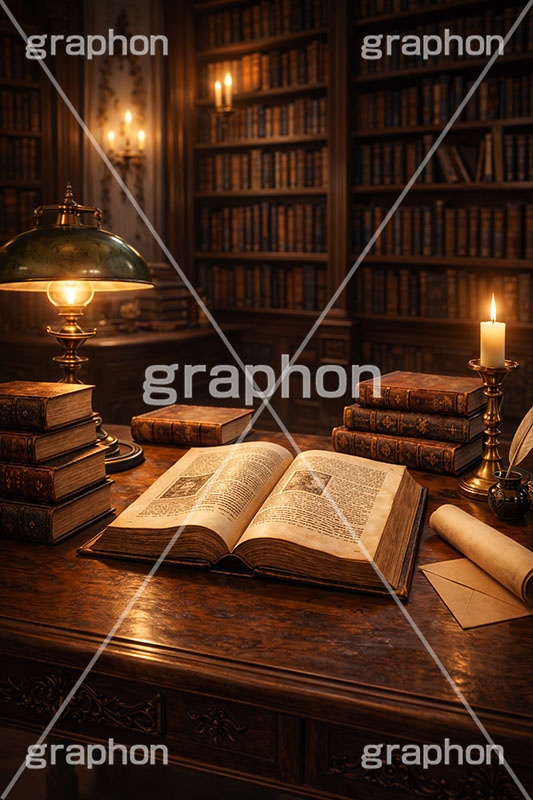 西洋の書庫,西洋,書庫,図書館,本,古本,古書,読書,手紙,封筒,羽ペン,ロウソク,ろうそく,蝋燭,ランプ,スタンド,ブック,ファンタジー,レトロ,fantasy,book,candle,AI生成素材