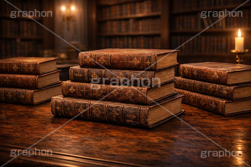 西洋の書庫,西洋,書庫,図書館,本,古本,古書,読書,ロウソク,ろうそく,蝋燭,ブック,ファンタジー,レトロ,fantasy,book,candle,AI生成素材