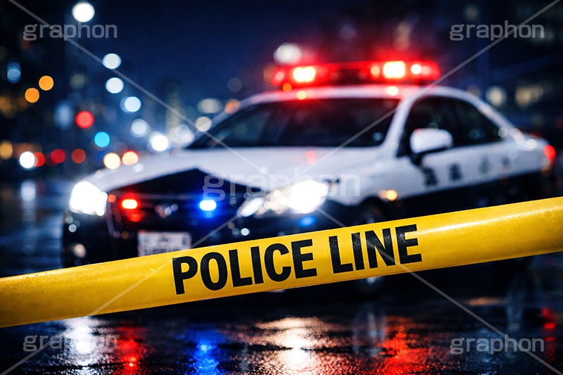 ポリスライン,キープアウト,規制線,規制,事故,事件,犯罪,調査,現場,検証,警察,警察官,車両,都会,都心,パトカー,パトラン,パトランプ,サイレン,メディア,ニュース,記事,タイトル,ポリス,背景,テープ,夜,keepout,tape,title,bg,news,media,car,police,AI生成素材