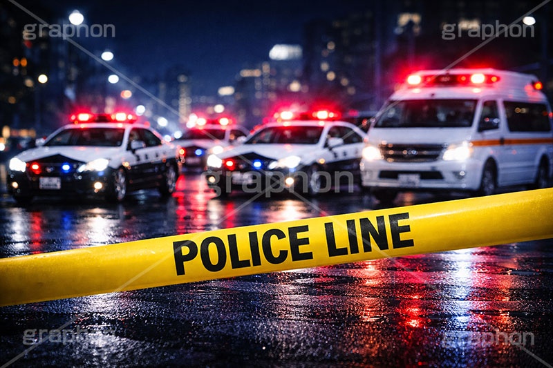 ポリスライン,キープアウト,規制線,規制,事故,事件,犯罪,調査,現場,検証,警察,車両,消防,救急車,都会,都心,パトカー,パトラン,パトランプ,サイレン,メディア,ニュース,記事,タイトル,ポリス,背景,テープ,夜,keepout,tape,title,bg,news,media,car,police,AI生成素材