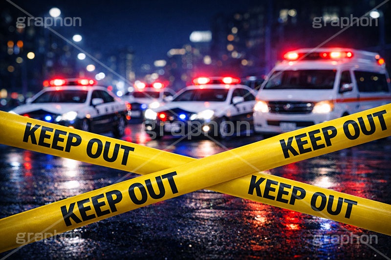 キープアウト,ポリスライン,規制線,規制,事故,事件,犯罪,調査,現場,検証,警察,車両,消防,救急車,都会,都心,パトカー,パトラン,パトランプ,サイレン,メディア,ニュース,記事,タイトル,ポリス,背景,テープ,夜,keepout,tape,title,bg,news,media,car,police,AI生成素材