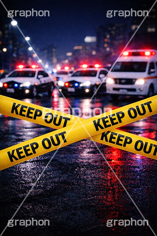 キープアウト,ポリスライン,規制線,規制,事故,事件,犯罪,調査,現場,検証,警察,車両,消防,救急車,都会,都心,パトカー,パトラン,パトランプ,サイレン,メディア,ニュース,記事,タイトル,ポリス,背景,テープ,夜,keepout,tape,title,bg,news,media,car,police,AI生成素材