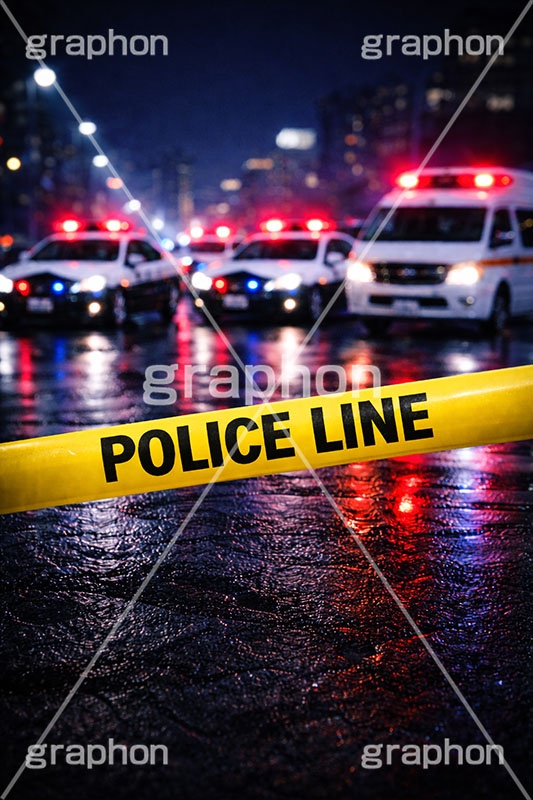 ポリスライン,キープアウト,規制線,規制,事故,事件,犯罪,調査,現場,検証,警察,車両,消防,救急車,都会,都心,パトカー,パトラン,パトランプ,サイレン,メディア,ニュース,記事,タイトル,ポリス,背景,テープ,夜,keepout,tape,title,bg,news,media,car,police,AI生成素材