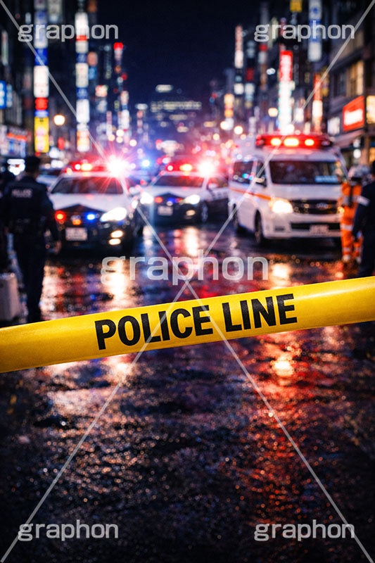 ポリスライン,キープアウト,規制線,規制,事故,事件,犯罪,調査,現場,検証,警察,警察官,車両,消防,救急車,救急隊,隊員,都会,都心,パトカー,パトラン,パトランプ,サイレン,メディア,ニュース,記事,タイトル,ポリス,背景,テープ,夜,keepout,tape,title,bg,news,media,car,police,AI生成素材