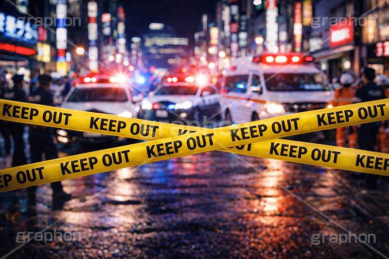 キープアウト,ポリスライン,規制線,規制,事故,事件,犯罪,調査,現場,検証,警察,警察官,車両,消防,救急車,救急隊,隊員,都会,都心,パトカー,パトラン,パトランプ,サイレン,メディア,ニュース,記事,タイトル,ポリス,背景,テープ,夜,keepout,tape,title,bg,news,media,car,police,AI生成素材