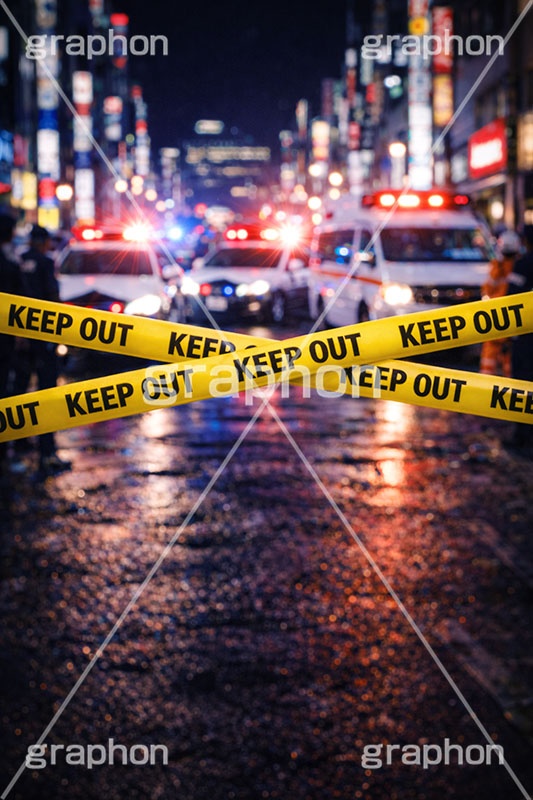キープアウト,ポリスライン,規制線,規制,事故,事件,犯罪,調査,現場,検証,警察,警察官,車両,消防,救急車,救急隊,隊員,都会,都心,パトカー,パトラン,パトランプ,サイレン,メディア,ニュース,記事,タイトル,ポリス,背景,テープ,夜,keepout,tape,title,bg,news,media,car,police,AI生成素材
