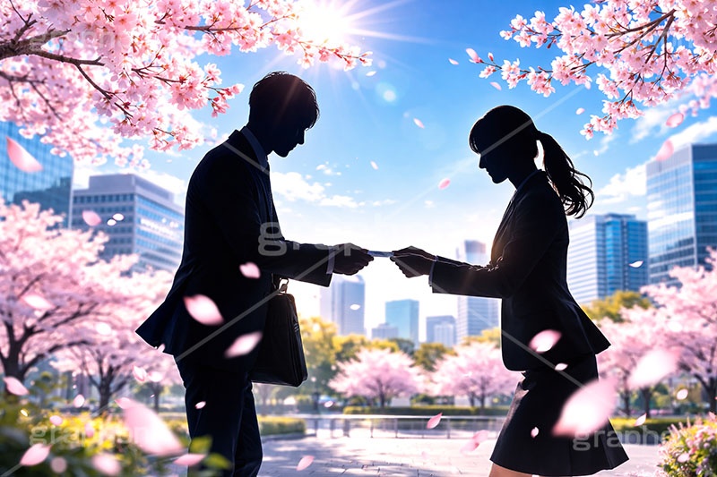 名刺交換,名刺,新社会人,新入社員,仕事,ビジネス,サラリーマン,スーツ,シルエット,OL,男性,女性,人物,都会,満開,桜,さくら,サクラ,花見,ブロッサム,春,花,花びら,花弁,背景,blossom,spring,flower,business,silhouette,AI生成素材