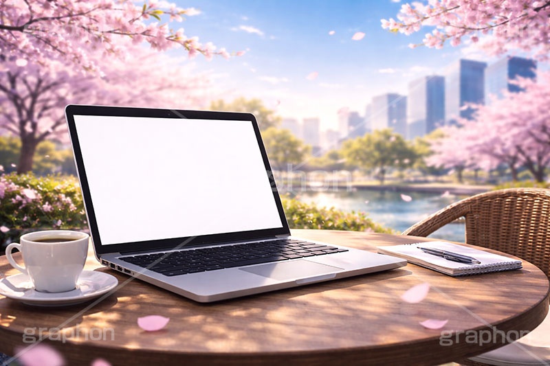 春のカフェ,カフェ,新社会人,新入社員,仕事,ビジネス,都会,満開,桜,さくら,サクラ,花見,ブロッサム,春,花,花びら,花弁,背景,blossom,spring,flower,business,cafe,AI生成素材